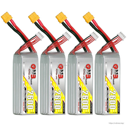Four GAONENG GNB 2600 LiPo batteries lined up, showing labels and XT60 connectors
