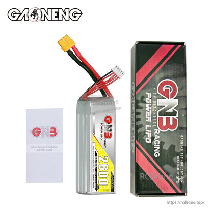 Package contents: GAONENG GNB 2600 battery, retail box, and user instruction leaflet