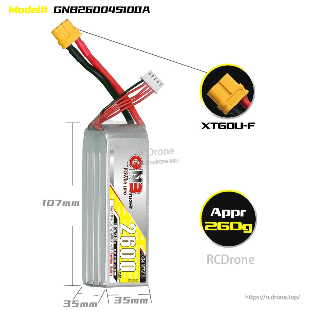 GNB26004S100A dimensions diagram (107×35×35 mm) with XT60U-F connector close-up
