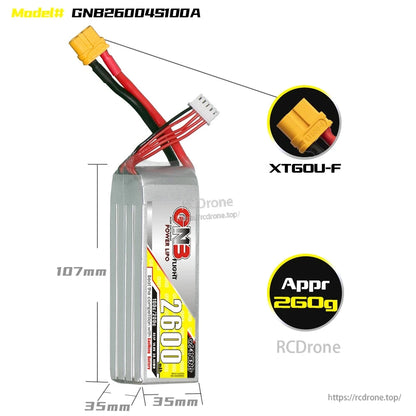 GNB26004S100A dimensions diagram (107×35×35 mm) with XT60U-F connector close-up