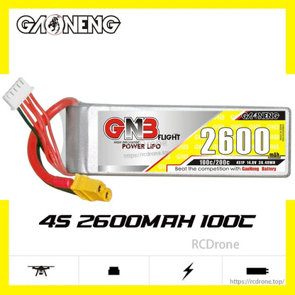 GAONENG GNB 4S 2600mAh 100C LiPo battery graphic with specs text on white background