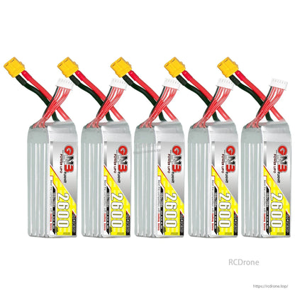 Five GAONENG GN3 2600mAh LiPo batteries displayed in a row with XT60 connectors and balance leads