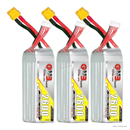 Three GAONENG GN3 2600mAh LiPo batteries shown together with XT60 plugs and balance leads