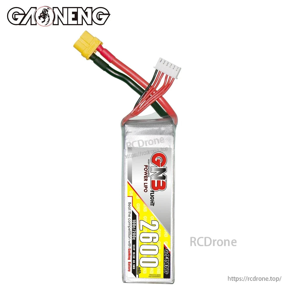 Front label view of GAONENG GNB 2600 battery with XT60 lead and white 5S balance connector