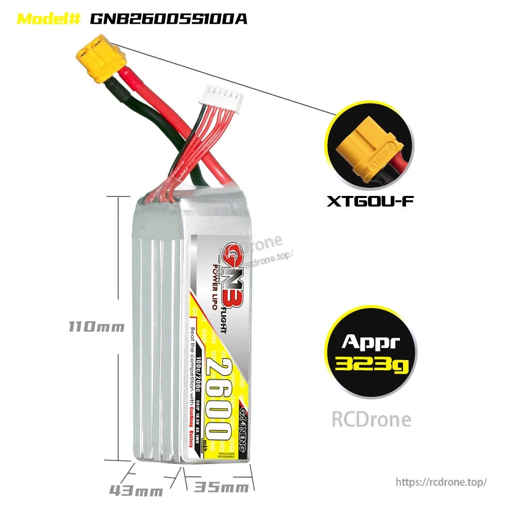 GNB26005S100A battery dimensions 110×43×35mm with XT60U-F connector close-up and approx 323g