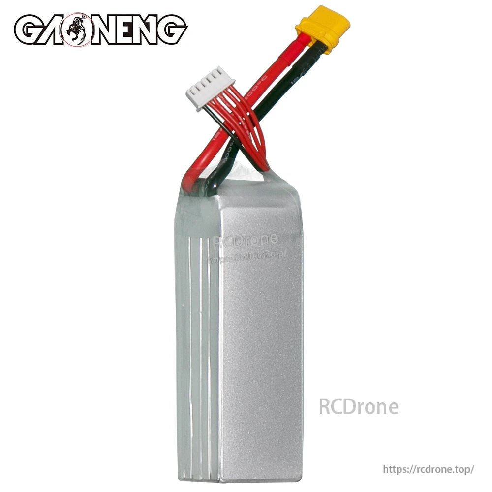 Rear/blank side view of silver GAONENG LiPo pack showing wire exit and XT60 connector