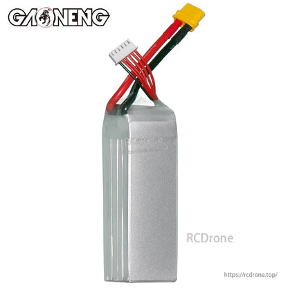 Rear/blank side view of silver GAONENG LiPo pack showing wire exit and XT60 connector