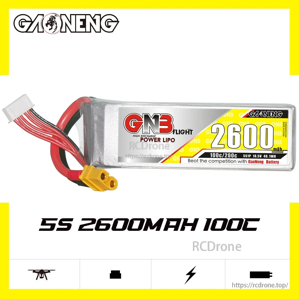 GNB 5S 2600mAh 100C LiPo battery side profile, label showing 100C/200C and 5S1P 18.5V