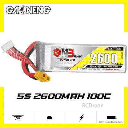 GNB 5S 2600mAh 100C LiPo battery side profile, label showing 100C/200C and 5S1P 18.5V
