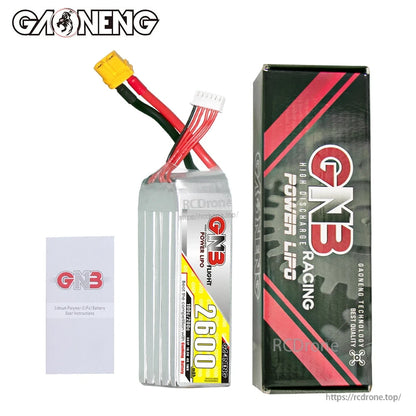 Package contents: GAONENG 2600mAh LiPo battery, GN3 packaging box, and user instructions leaflet