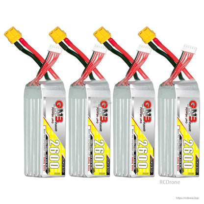 Four GAONENG GN3 2600mAh LiPo packs lined up, each with XT60 connector and balance plug