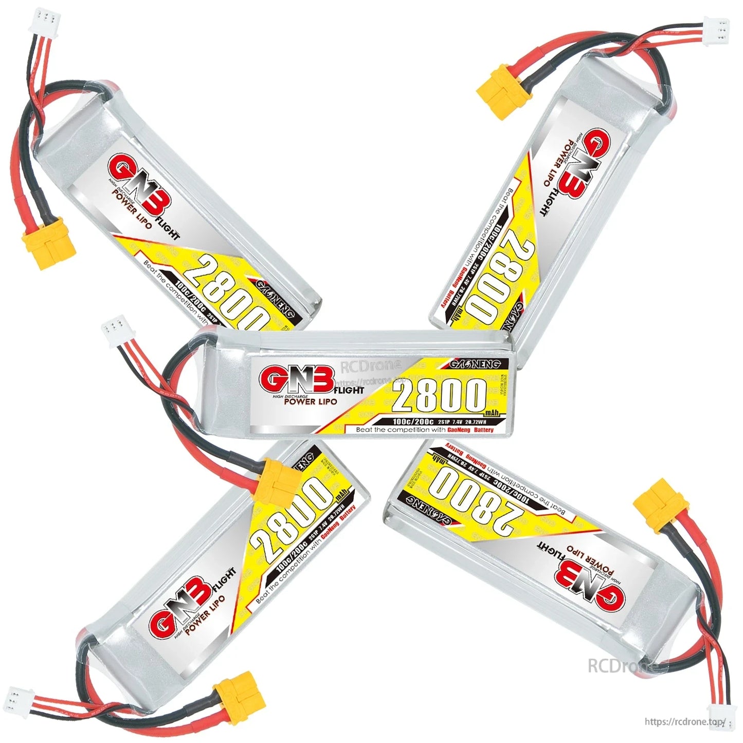 Five GNB 2800 LiPo batteries arranged in star pattern with XT60 connectors visible