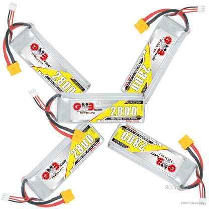 Five GNB 2800 LiPo batteries arranged in star pattern with XT60 connectors visible