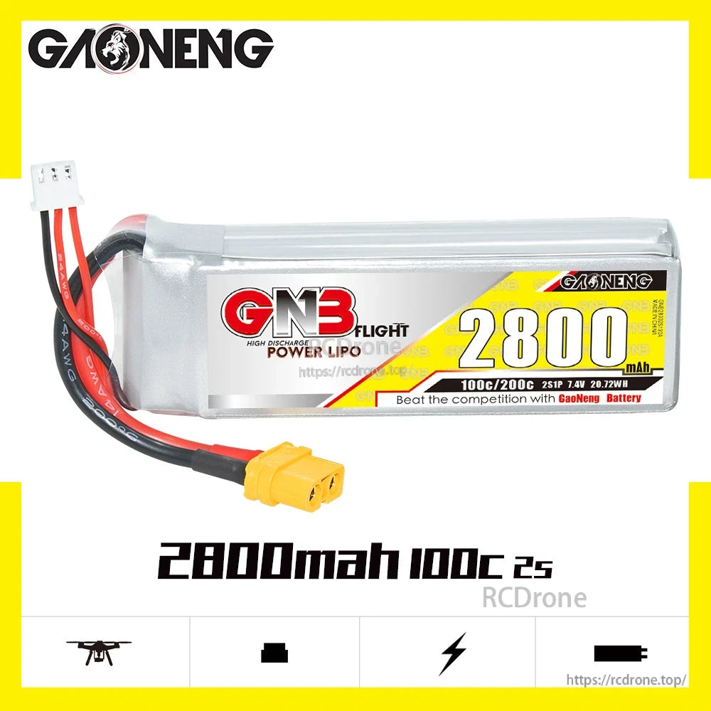 Side profile of GAONENG GNB2800 2S 100C LiPo battery label graphic showing 7.4V and 2800mAh