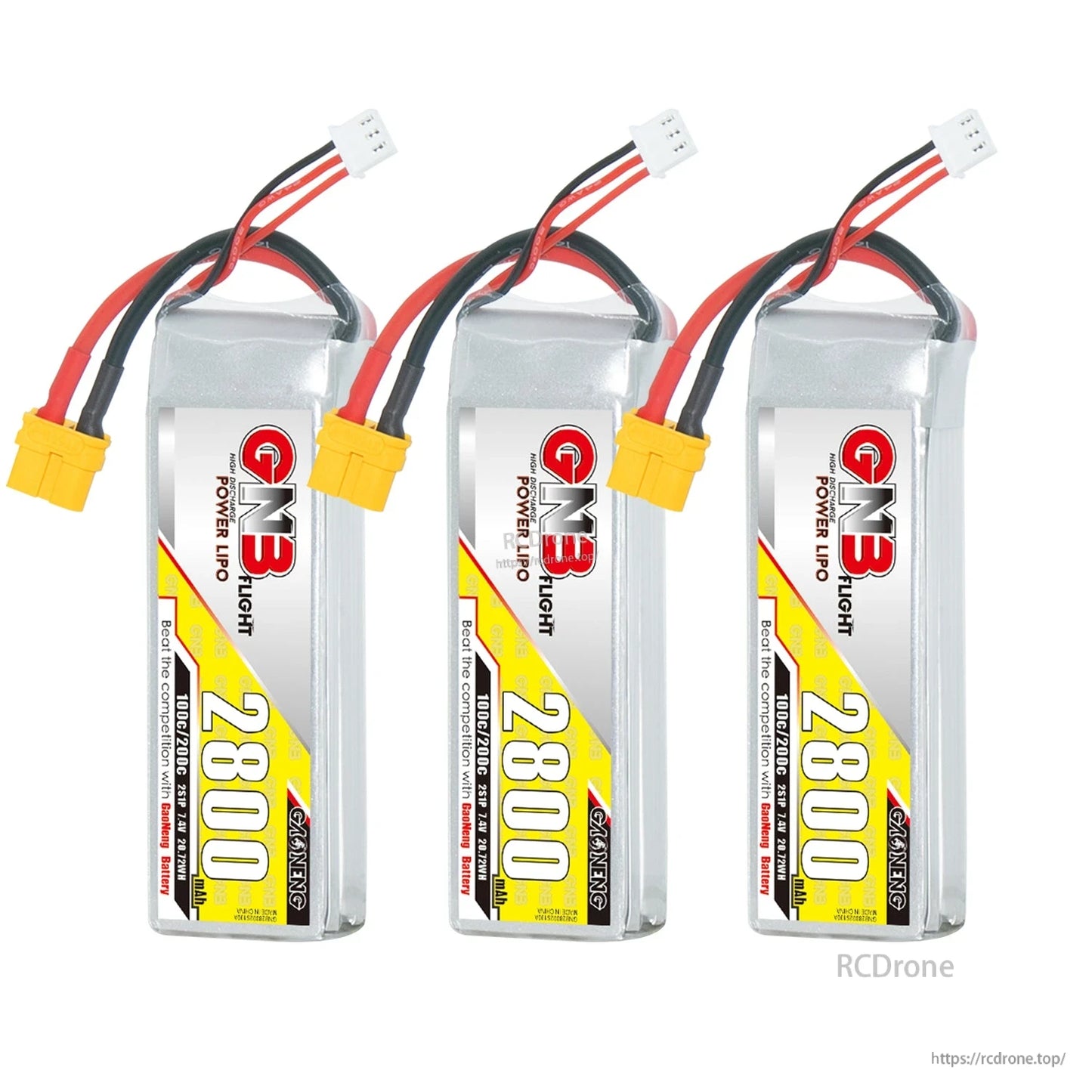 Three GNB 2800 batteries shown together with XT60 connectors and balance plugs