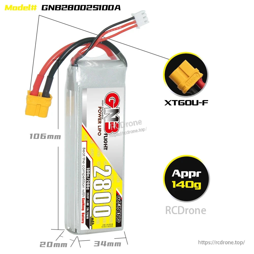 GNB28002S100A battery dimensions diagram with XT60U-F connector close-up and approx 140g weight
