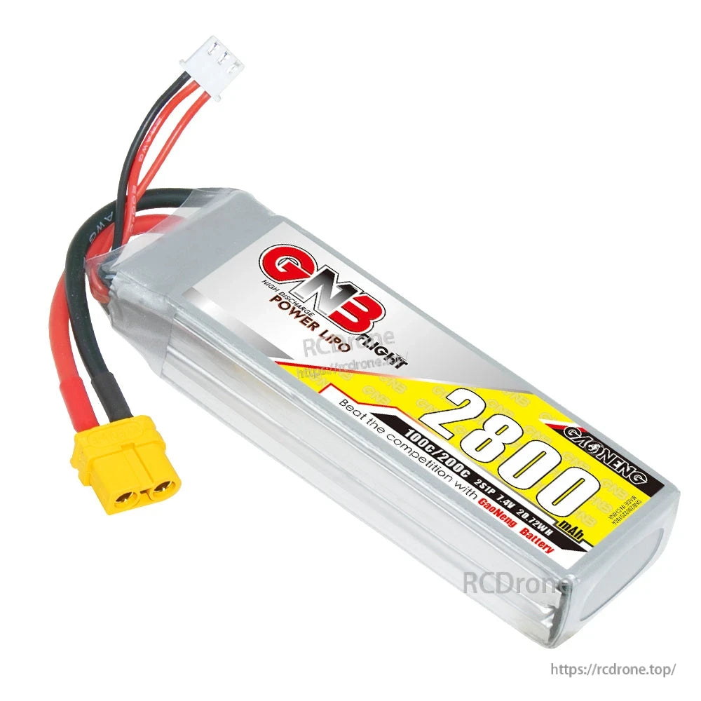 Angled view of GNB 2800mAh battery highlighting XT60 plug, wires, and silver shrink wrap