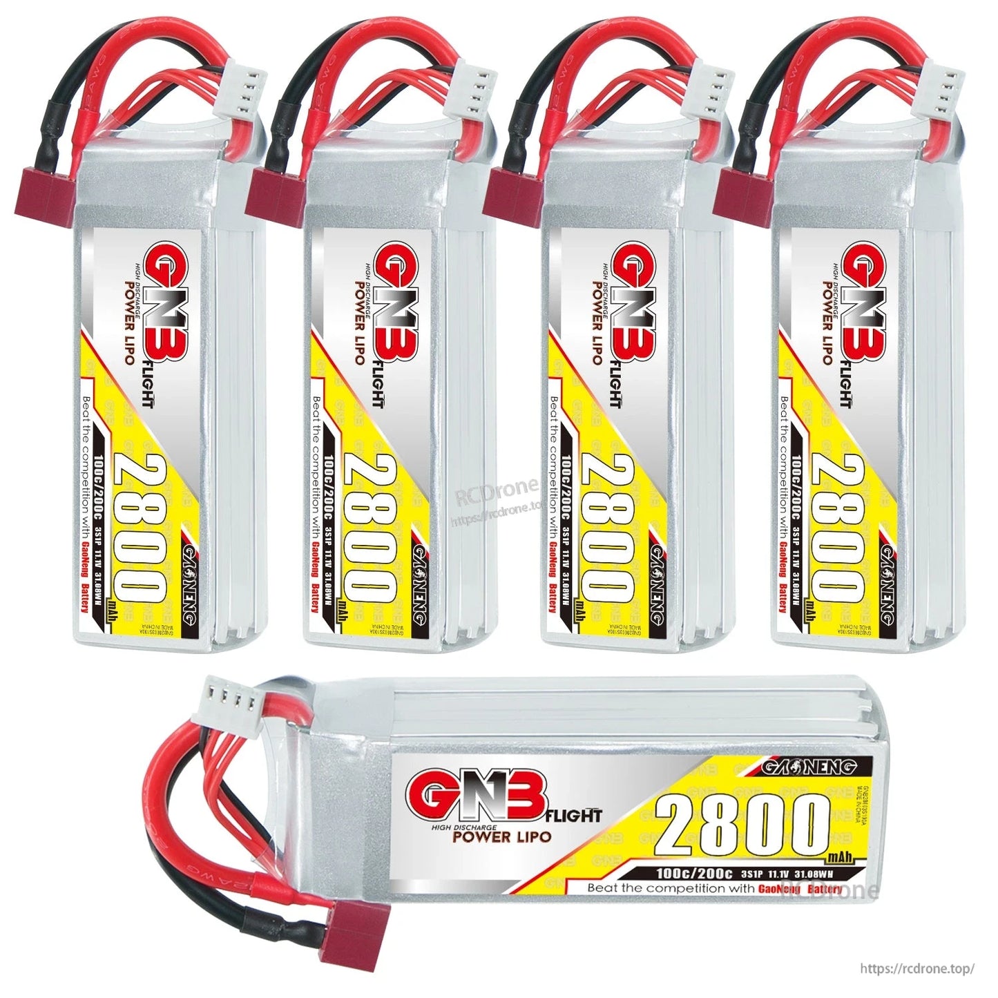 GNB 2800mAh LiPo battery set display with four upright units plus one horizontal label view