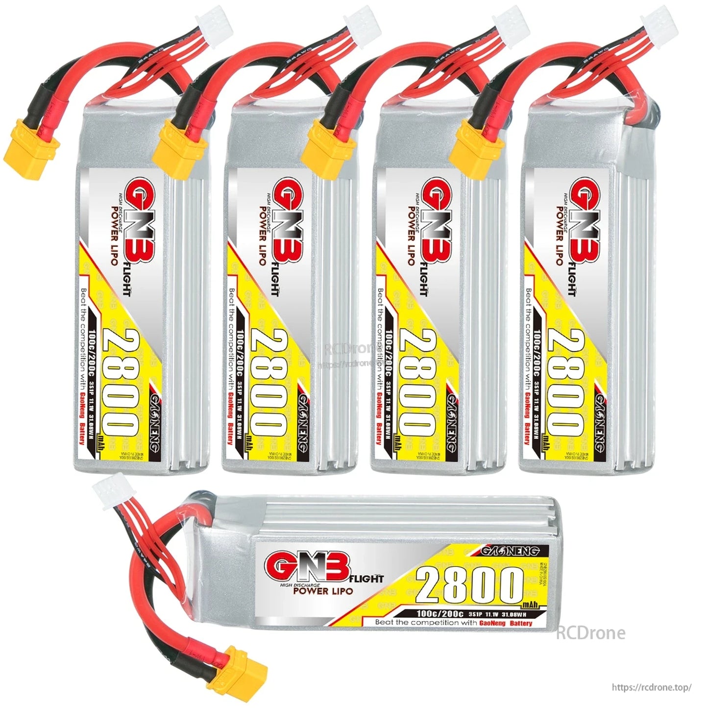 Five-piece set: four upright GNB 2800mAh batteries plus one horizontal battery, all with XT60 plugs