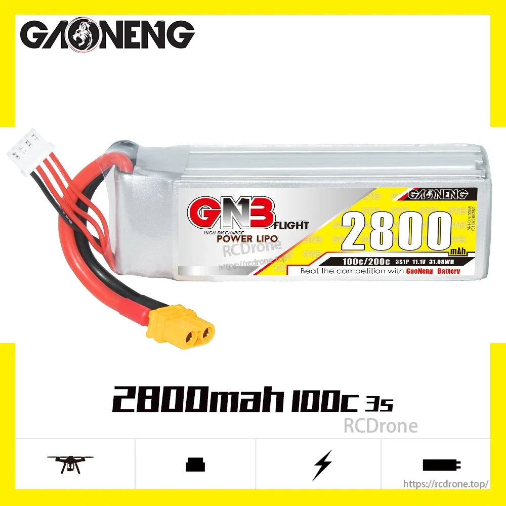 GAONENG 2800mAh 100C 3S LiPo battery labeled 11.1V with XT60 connector, side view