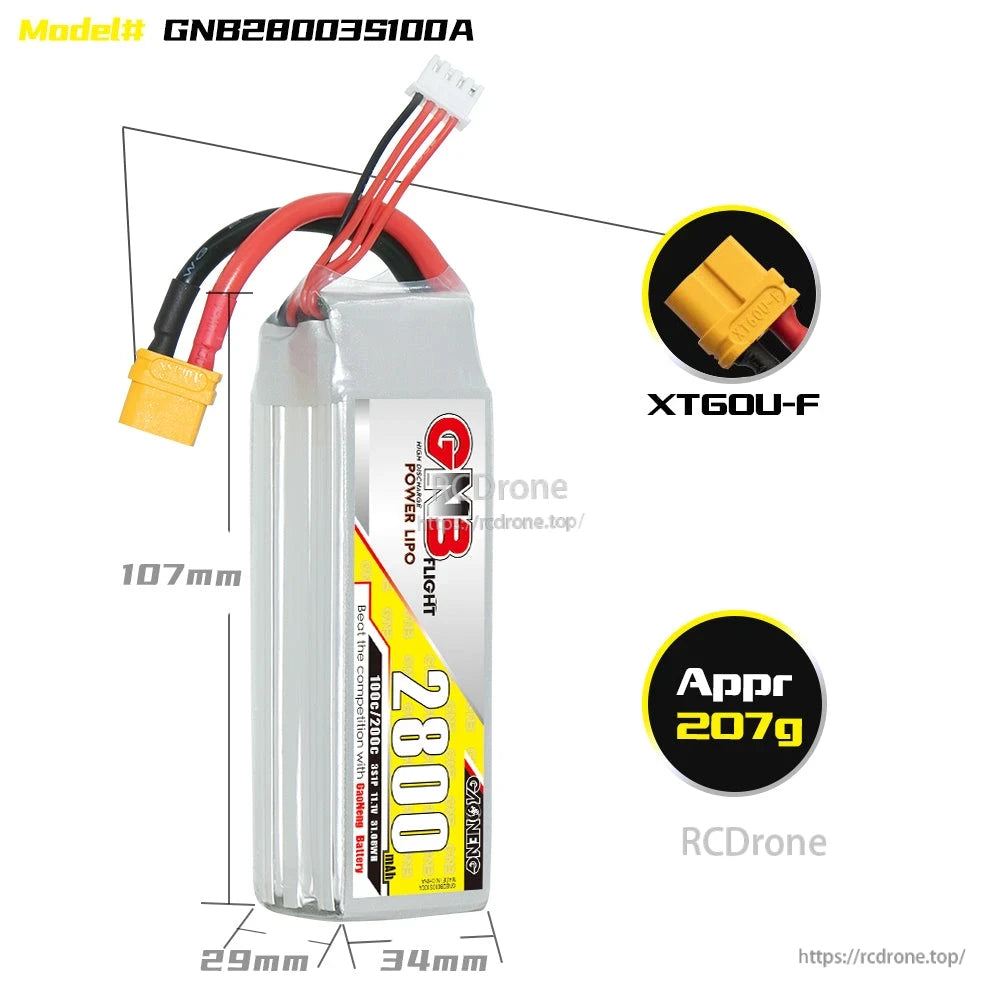 GNB28003S100A battery size diagram with 107mm length, 29x34mm width, XT60U-F, approx 207g