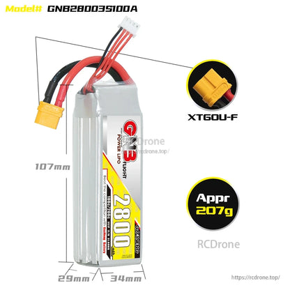 GNB28003S100A battery size diagram with 107mm length, 29x34mm width, XT60U-F, approx 207g