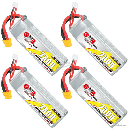 Four GNB 2800mAh LiPo batteries arranged diagonally, each with XT60 connector and balance plug