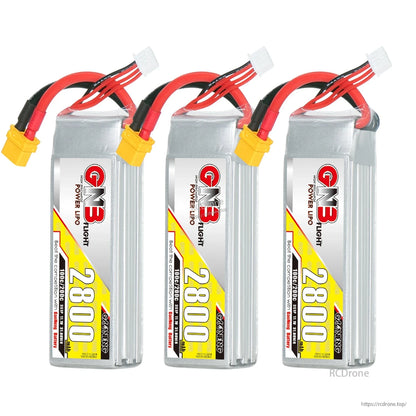 Three GNB 2800mAh LiPo batteries shown together with XT60 connectors and balance leads