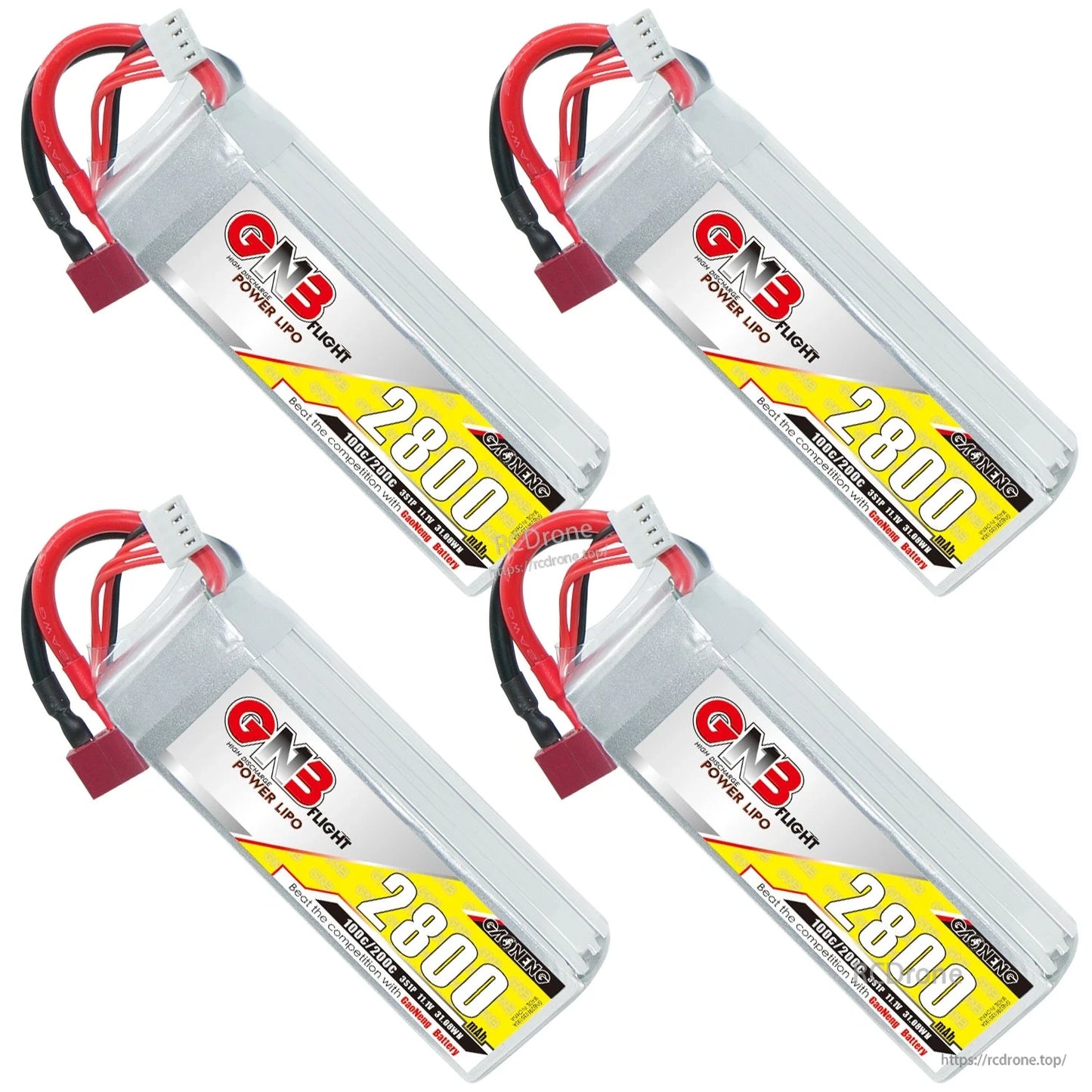 Four GNB 2800mAh LiPo batteries shown at angles with connectors visible