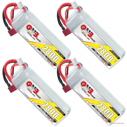 Four GNB 2800mAh LiPo batteries shown at angles with connectors visible