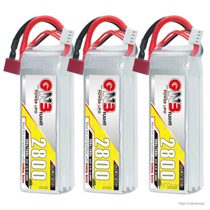 Three GNB 2800mAh LiPo batteries shown upright with red T-plug leads