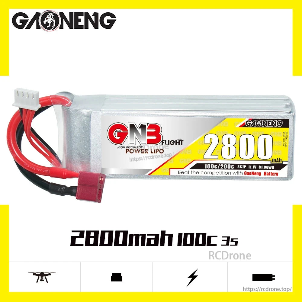 GAONENG GNB28003S100A 2800mAh 100C 3S 11.1V LiPo battery label shown in horizontal view