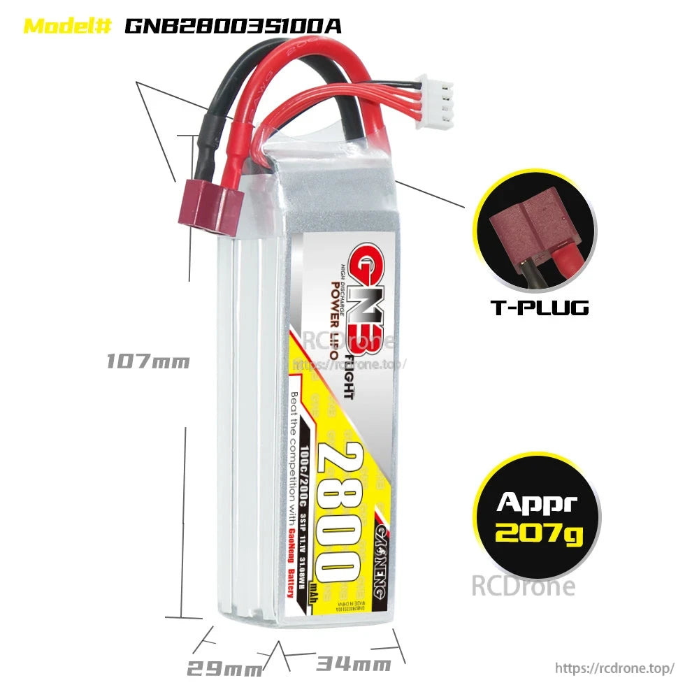 GNB28003S100A battery size diagram with dimensions 107mm x 29mm x 34mm and T-plug detail