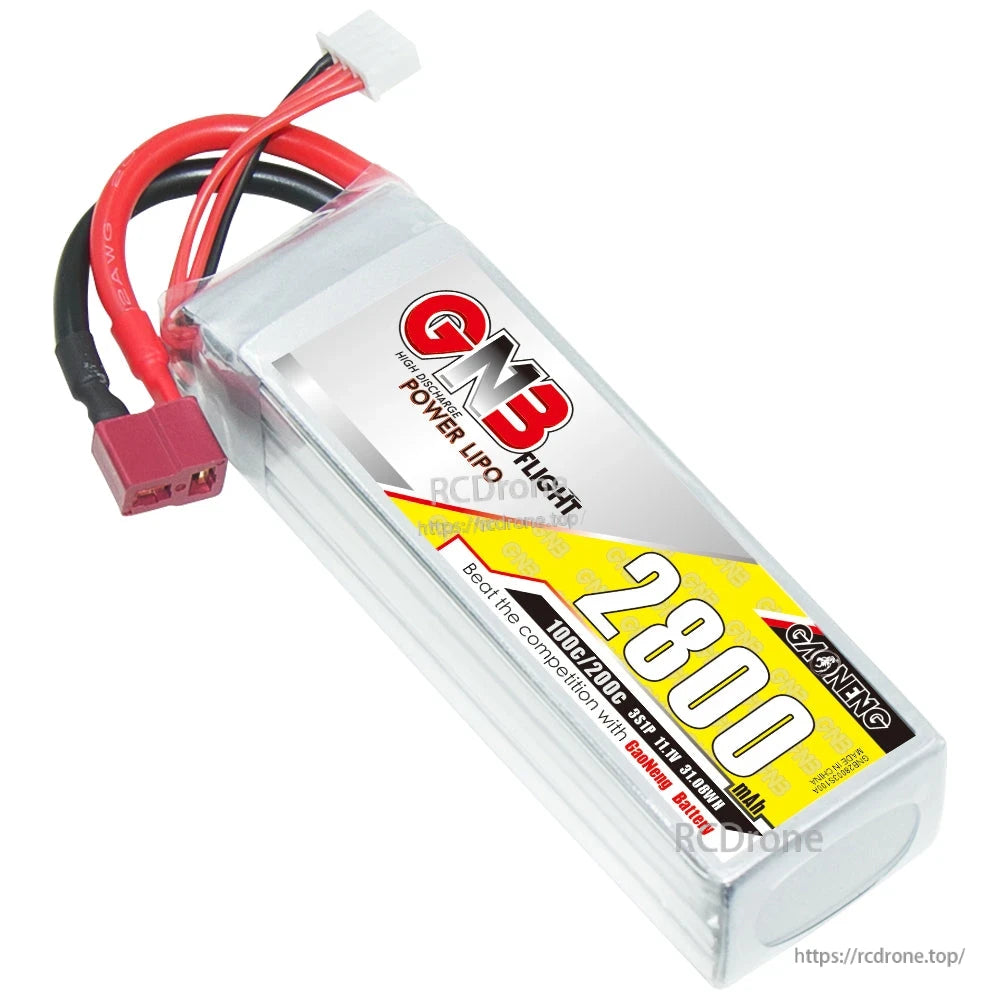 Angled top view of GNB 2800mAh LiPo battery showing T-plug and white balance connector