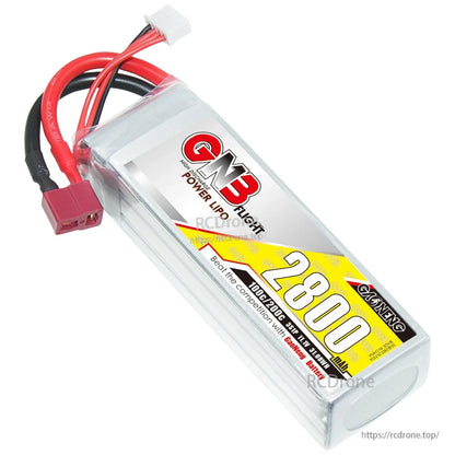 Angled top view of GNB 2800mAh LiPo battery showing T-plug and white balance connector