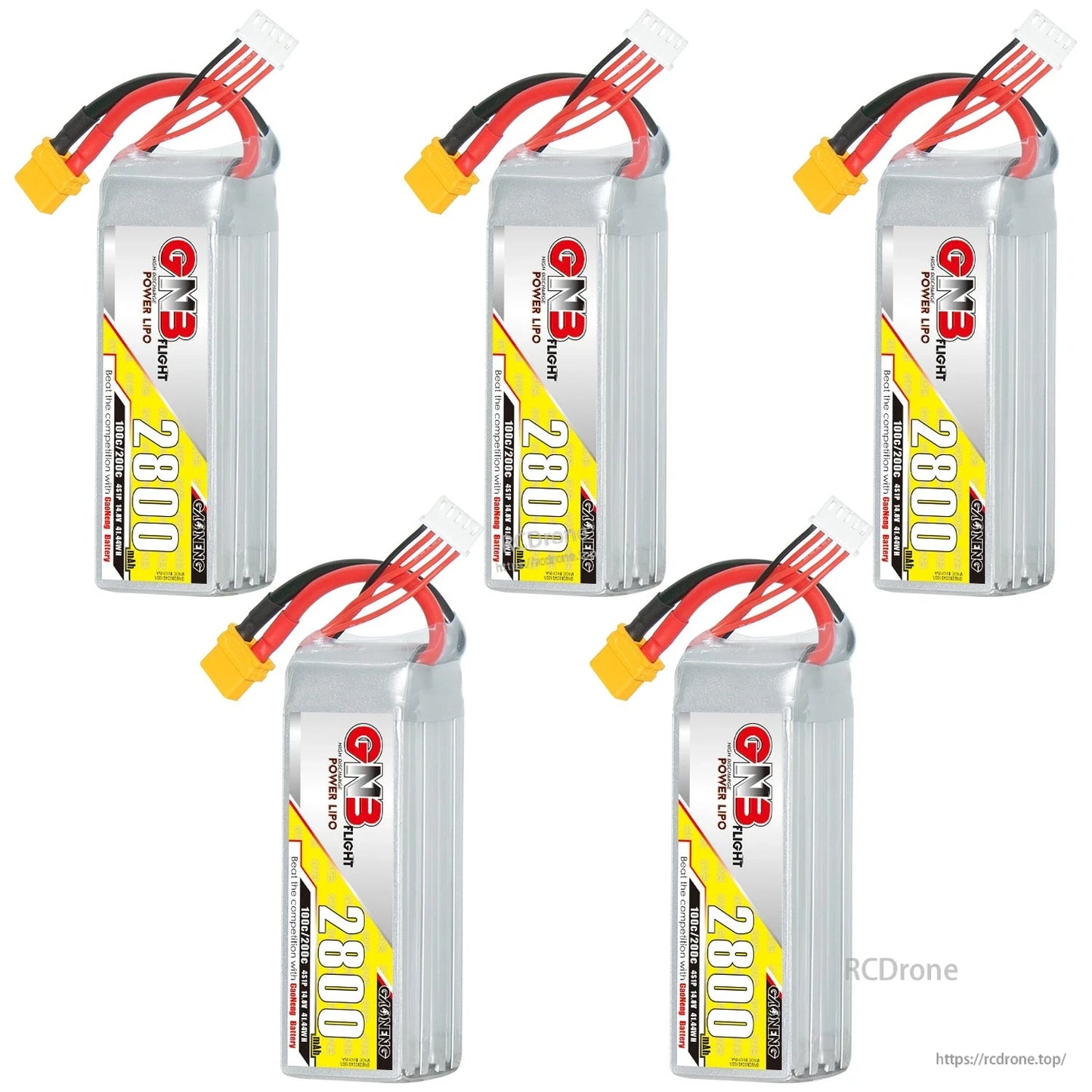 Five GNB 2800mAh 4S LiPo batteries shown together with XT60 plugs and balance connectors