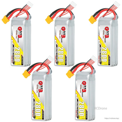 Five GNB 2800mAh 4S LiPo batteries shown together with XT60 plugs and balance connectors