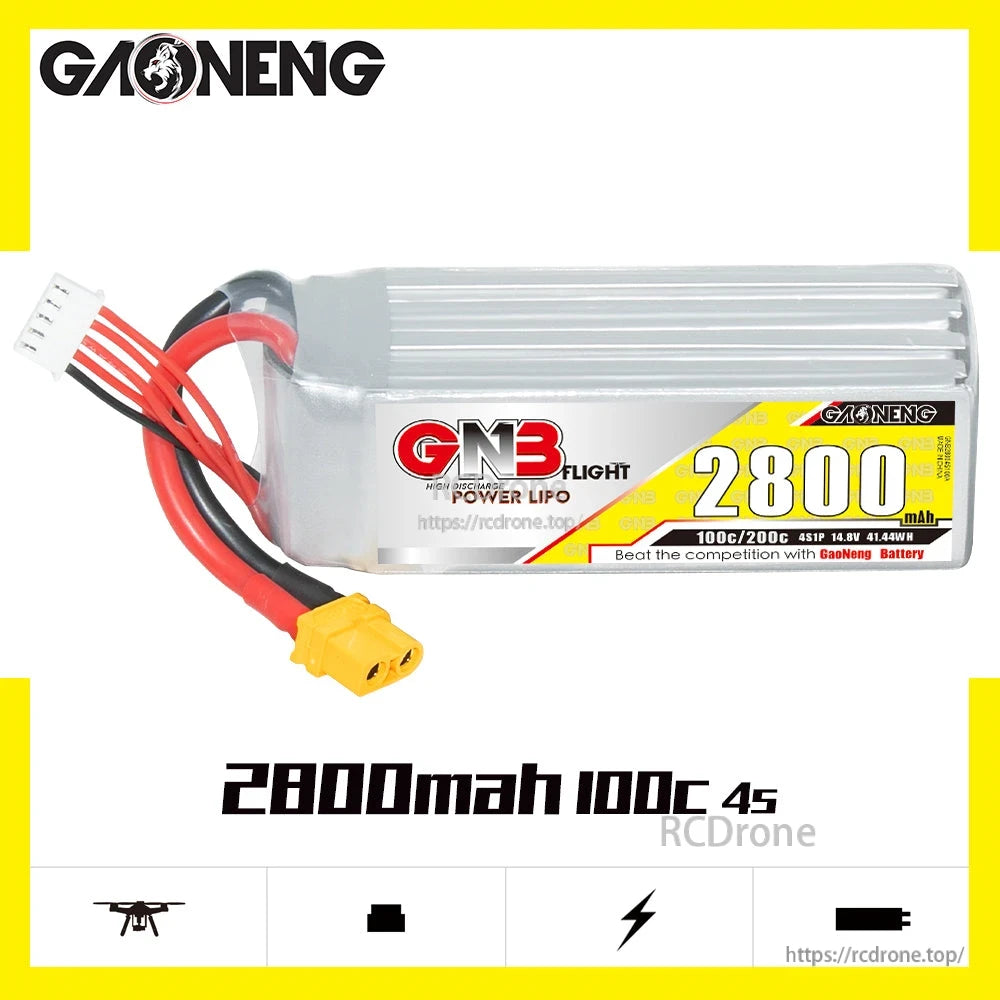 Side profile of GNB 4S 2800mAh 100C LiPo battery with printed spec graphic (14.8V, 4S)