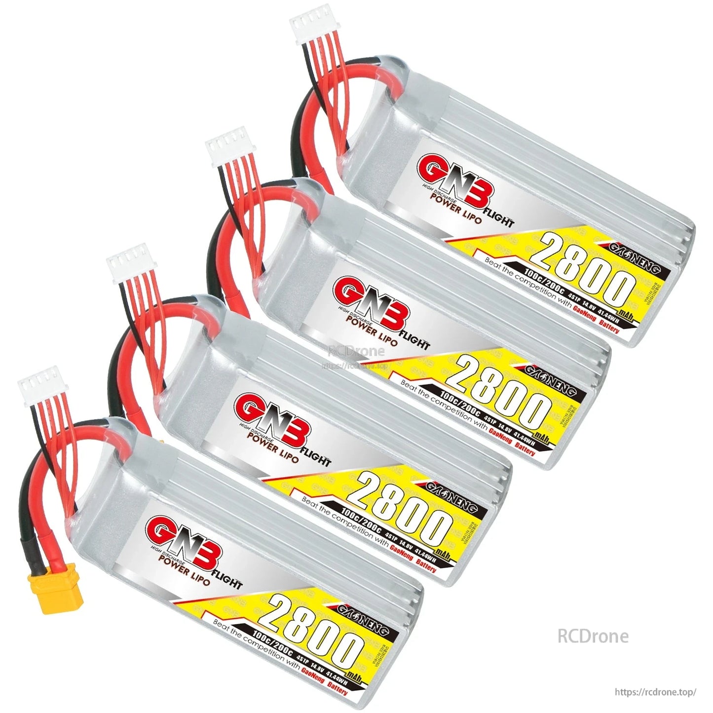 Four GNB 2800mAh LiPo batteries arranged in a stack showing labels and balance leads (4-pack)