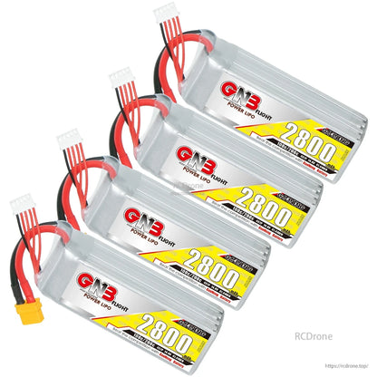 Four GNB 2800mAh LiPo batteries arranged in a stack showing labels and balance leads (4-pack)