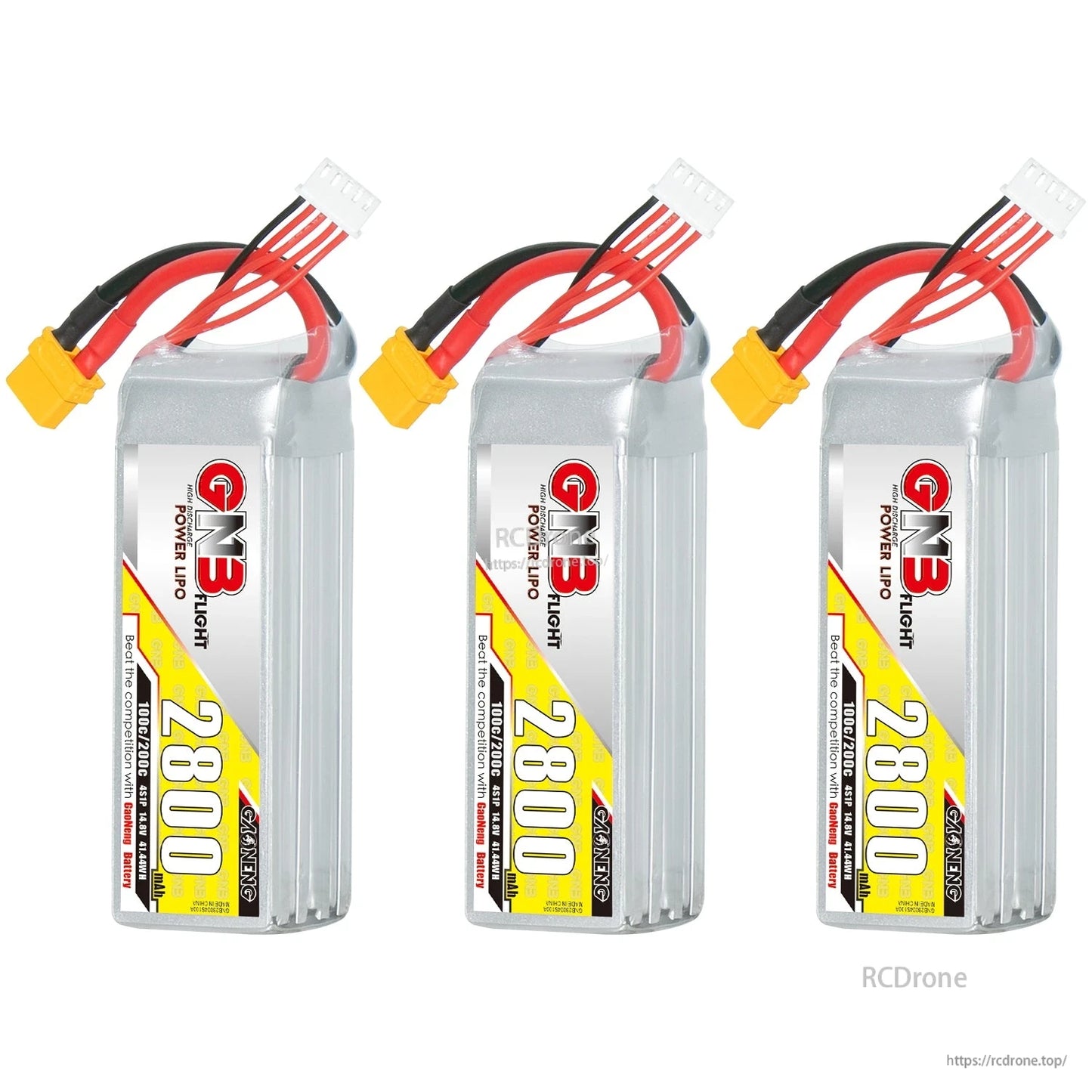 Three GNB 2800mAh 4S LiPo batteries displayed together with XT60 connectors (3-pack view)