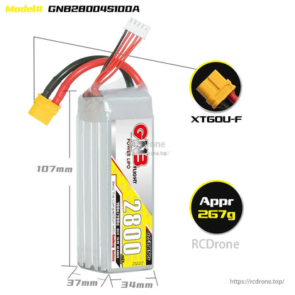 GNB28004S100A LiPo battery dimensions diagram with XT60U-F connector and approx 267g weight