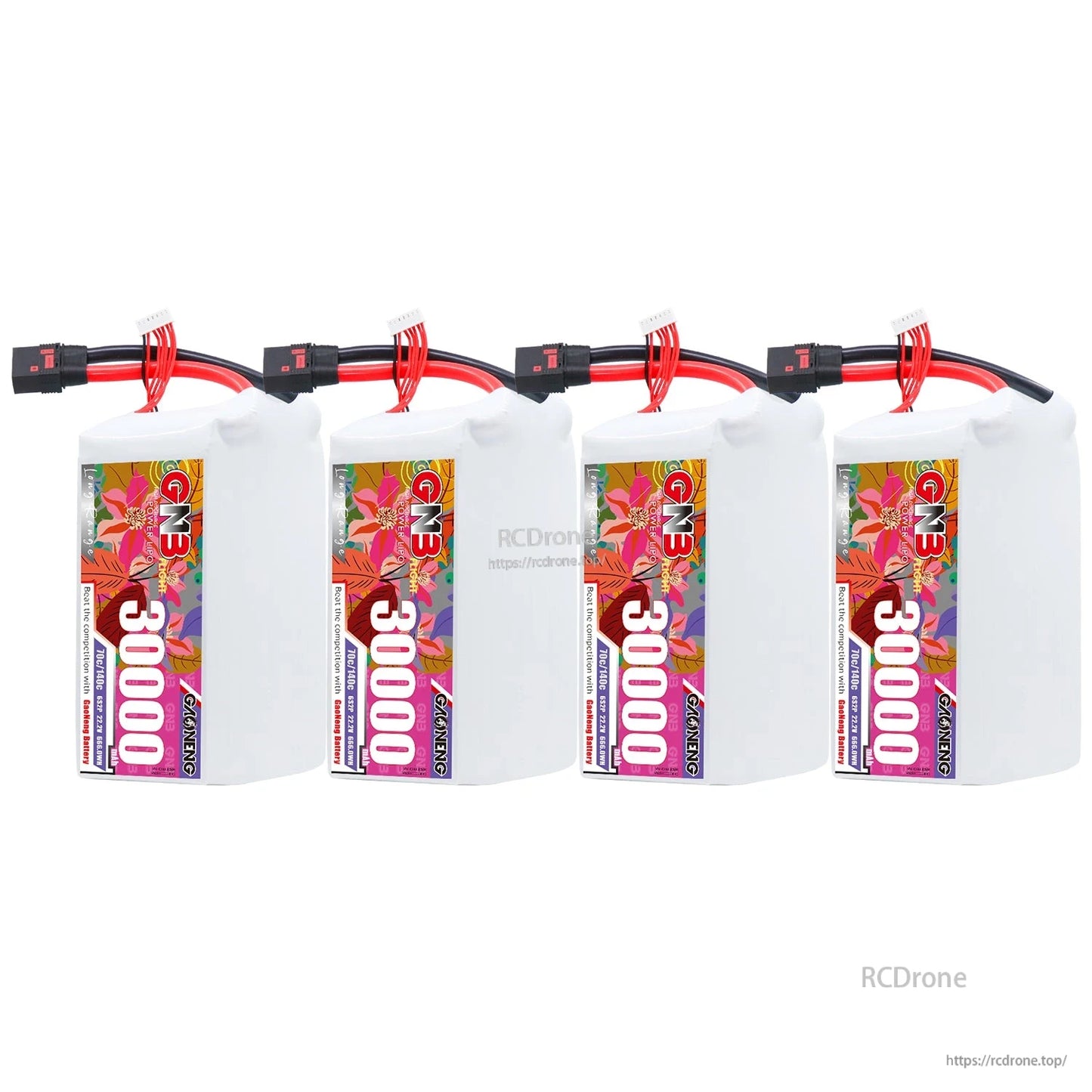 Four GAONENG GNB 30000 battery packs shown in a row with QS8 connectors on white background