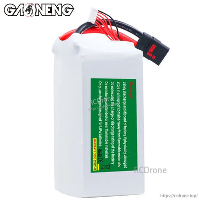 Rear view showing green LiPo safety warning label and top-mounted QS8 lead and balance plug