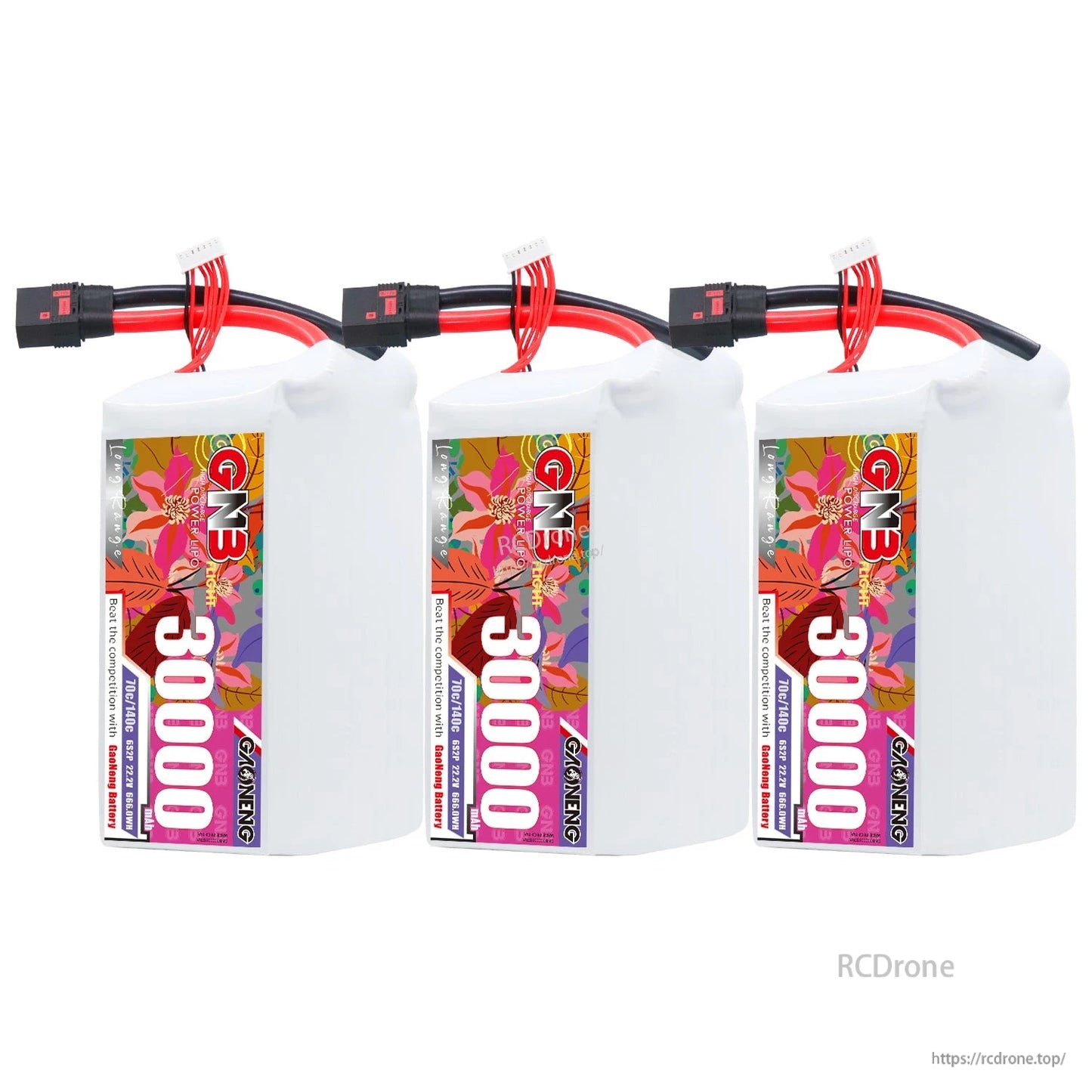 Three GAONENG GNB 30000 battery packs lined up with QS8 discharge connectors and balance leads