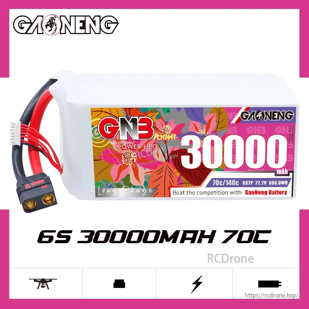Side profile of GAONENG 6S 30000mAh 70C RC LiPo battery with QS8 connector on white background