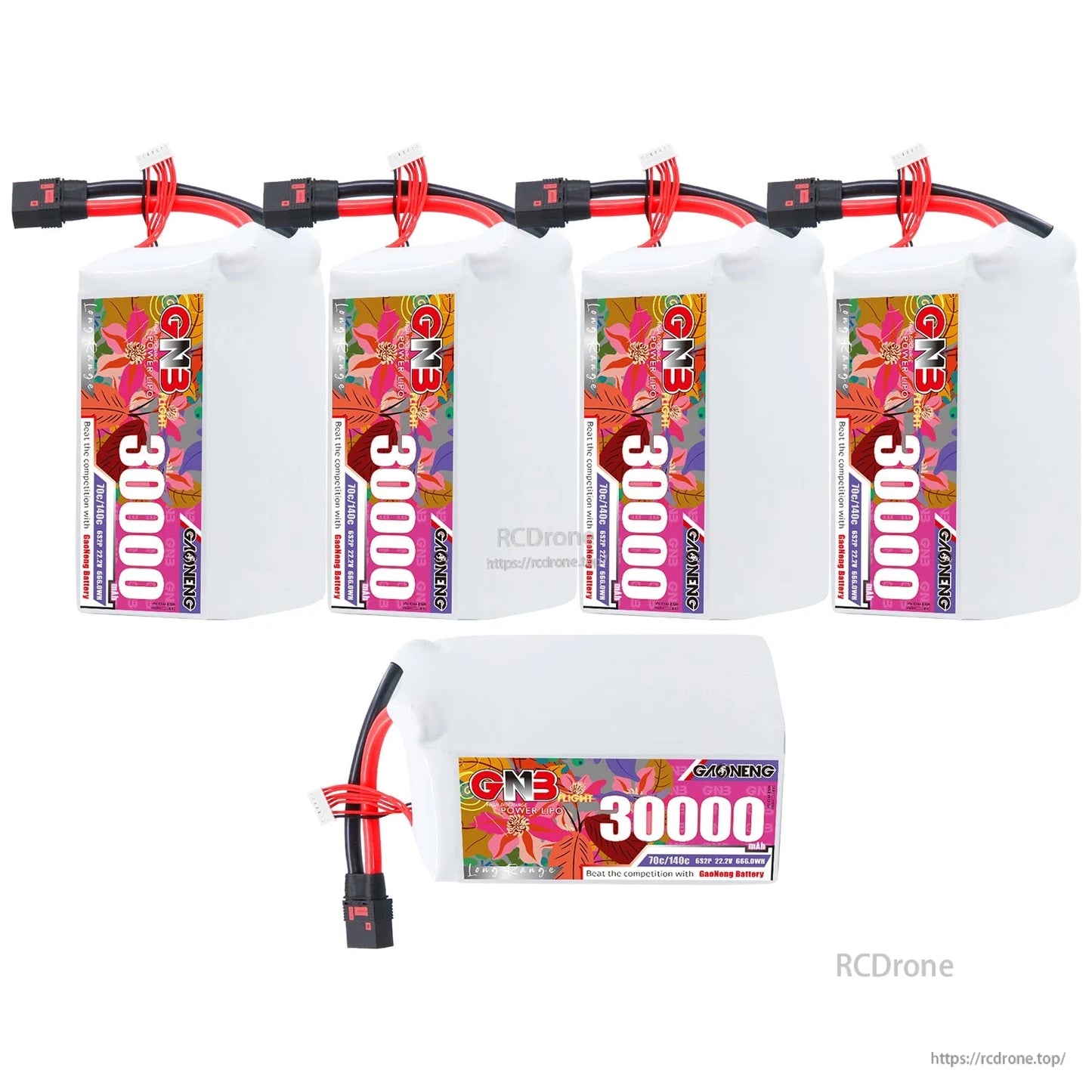 Five GAONENG GNB 30000 battery packs shown together, four upright and one lying flat