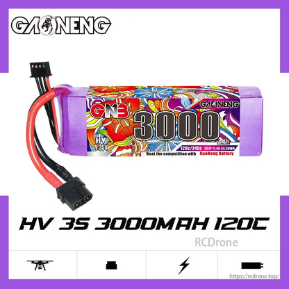 GNB LiHV 3S 3000mAh 120C XT60 LiPo battery promo graphic with icons and branding