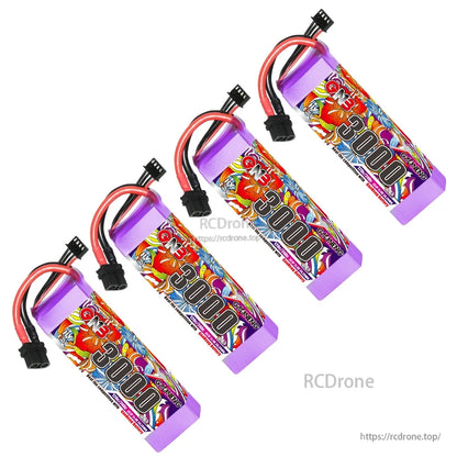 Four GAONENG GNB 3000 battery packs shown with XT60 leads and balance plugs