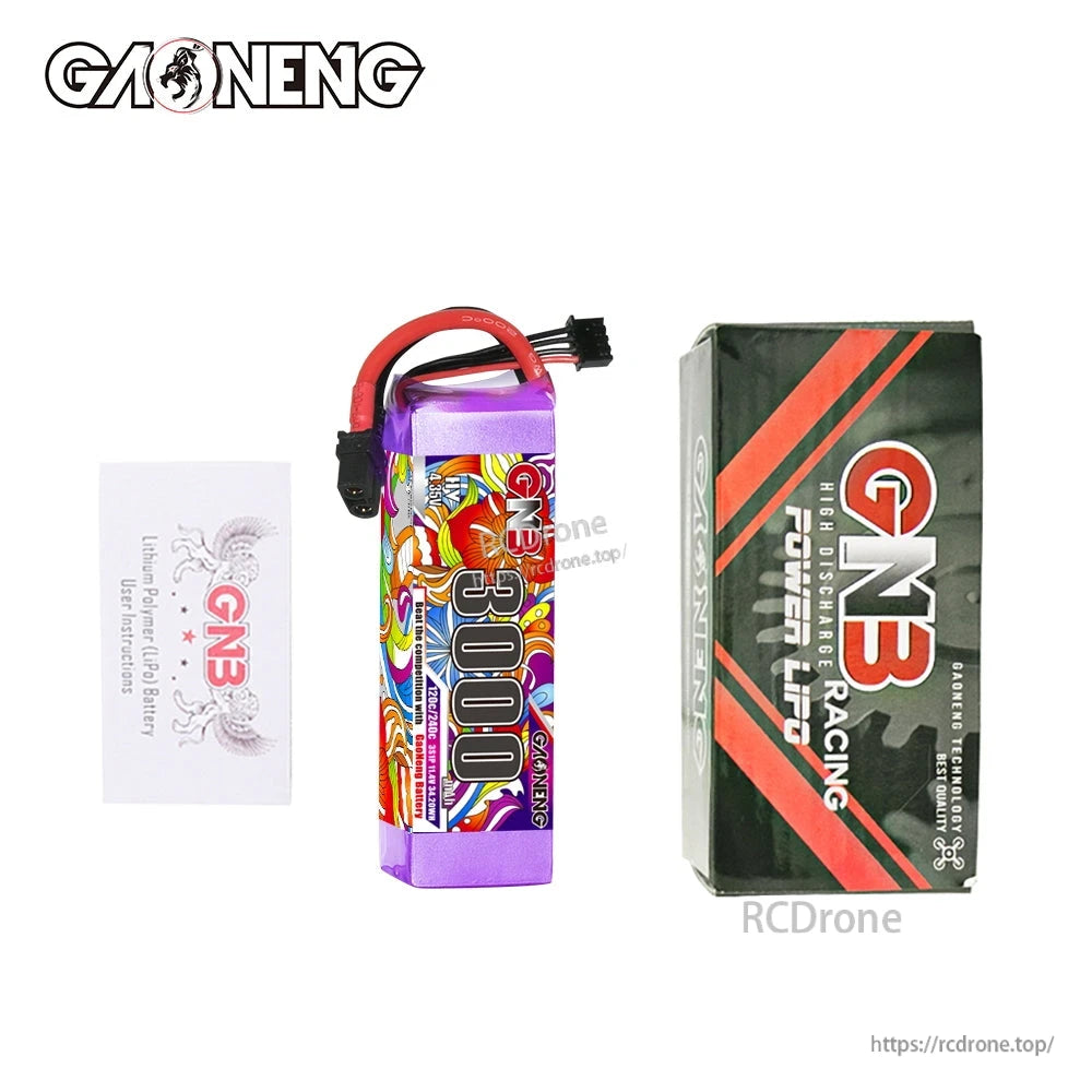 Package contents: GAONENG GNB 3000 battery with retail box and user leaflet